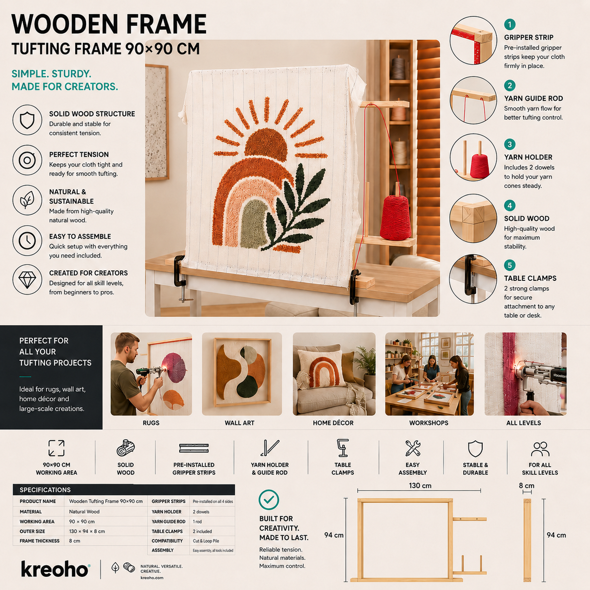 Schreibtisch Holz Tufting Rahmen 90x90 Kreoho - Technisches Datenblatt