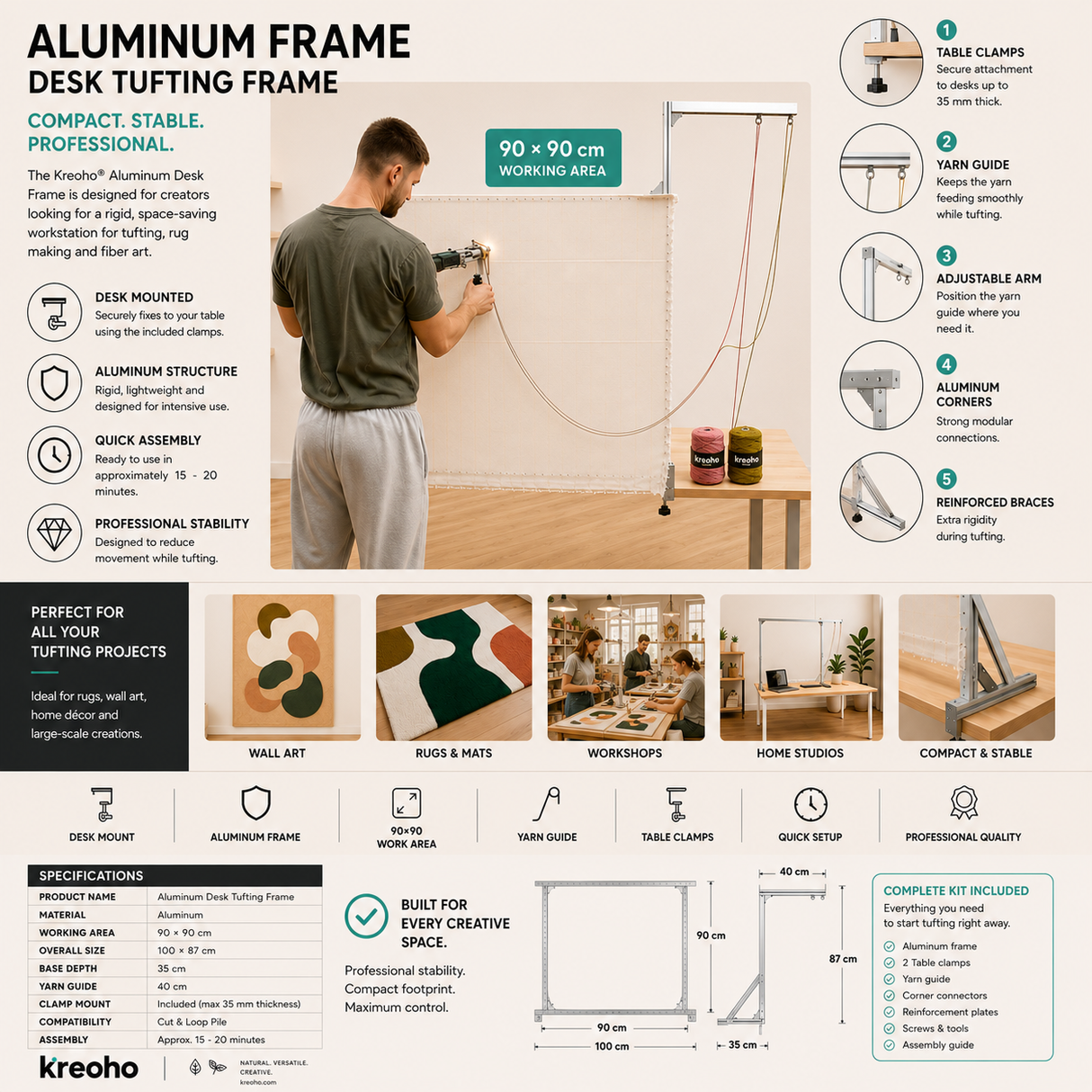 Desk Aluminium Tufting Frame 90×90 Kreoho® - Technical specifications
